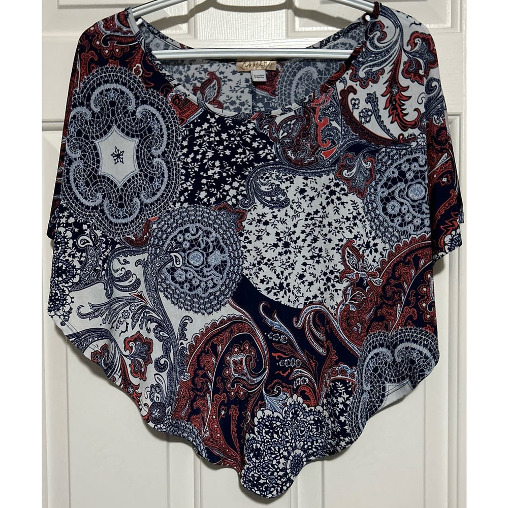 Lavish Women's Blue White Orangish Color Overlay Blouse Short Sleeve Size M
